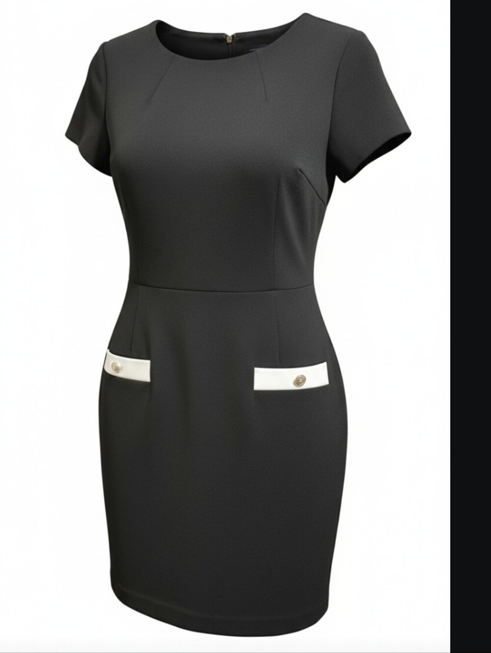TOMMY HILFIGER Black Sheath Dress with White Pocket Trim